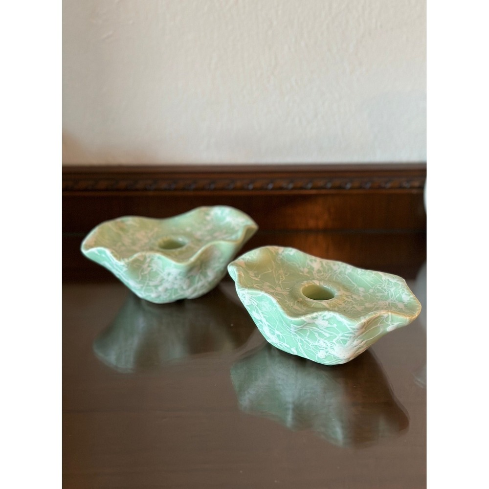 Vintage Pair of Shawnee USA Cameo Mint & White Candle Holders